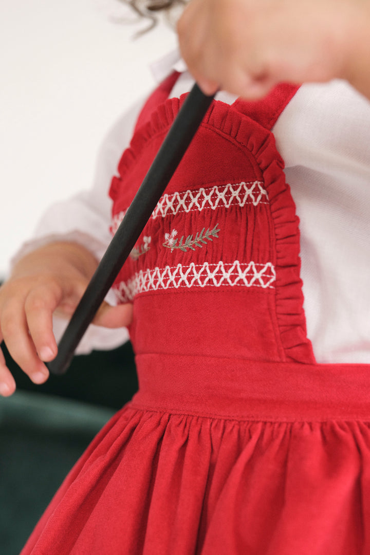 Deolinda "Giselle" Embroidered Blouse & Red Velvet Pinafore Dress | Millie and John