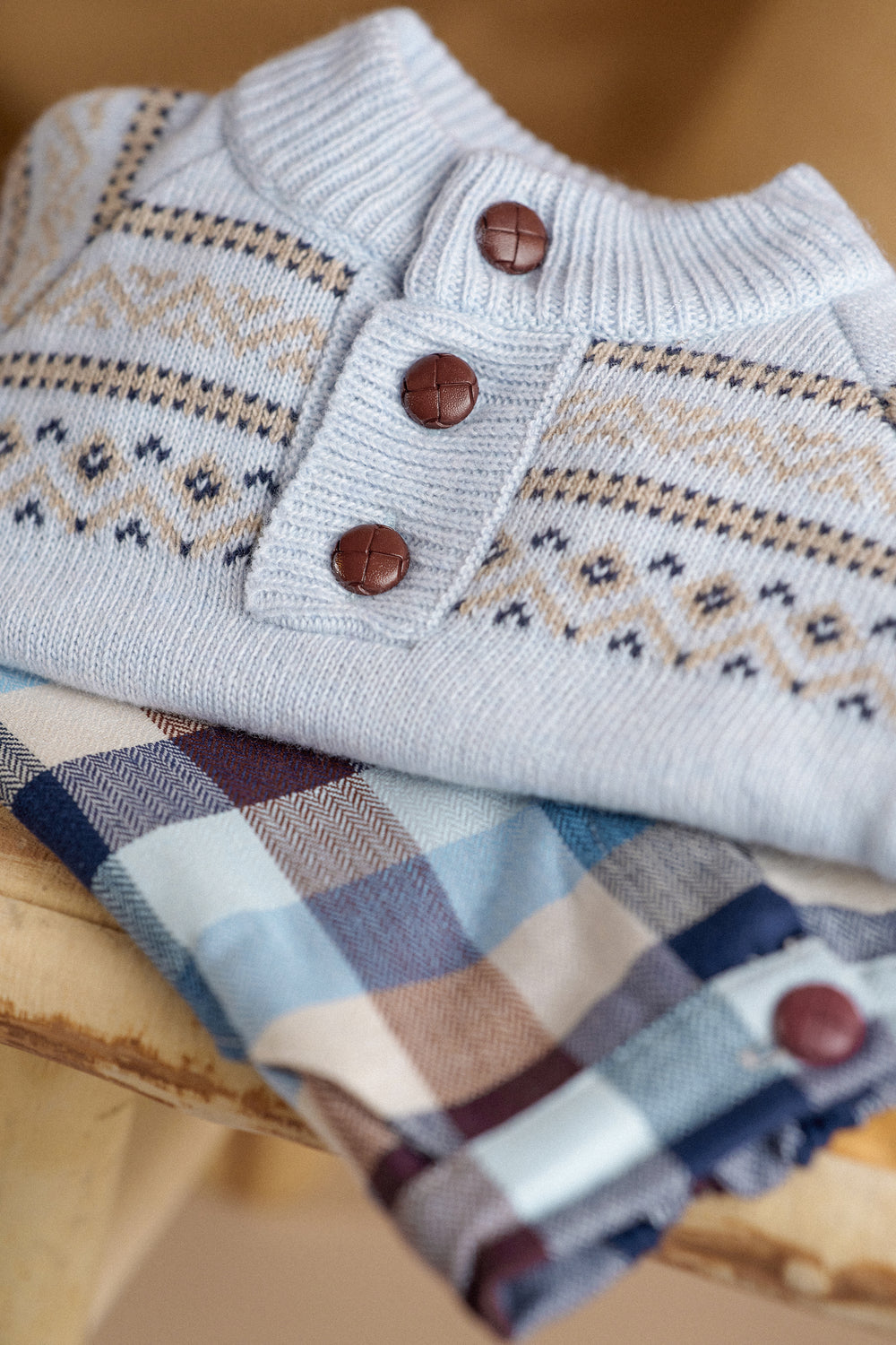 Deolinda "Caspian" Fair Isle Jumper + Blue & Brown Heritage Check Trousers | Millie and John