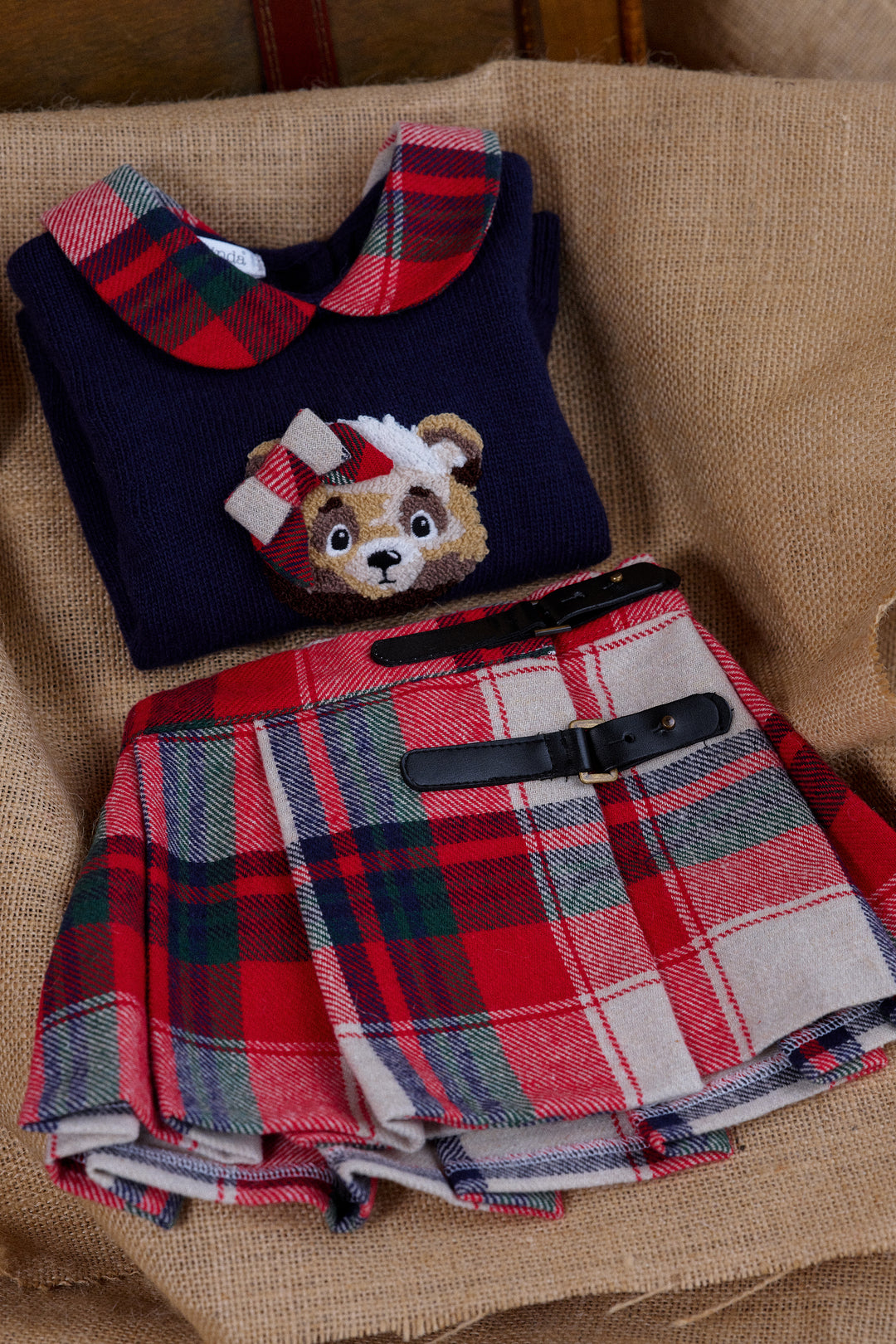 Deolinda PREORDER "Fenella" Navy Knit Bear Jumper & Red Tartan Skirt | Millie and John