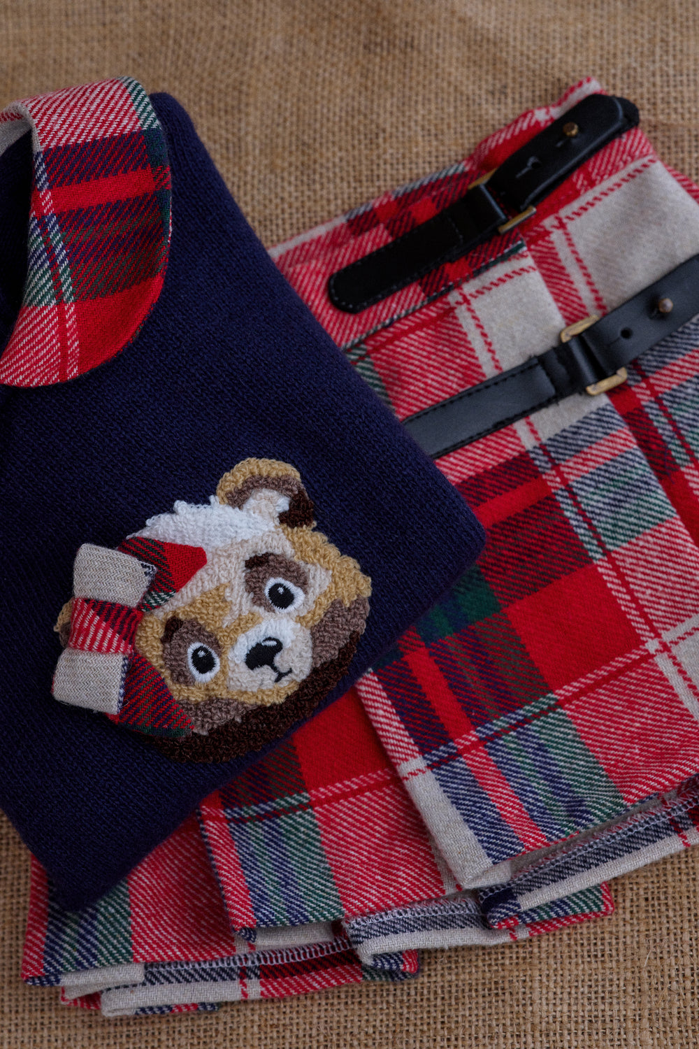 Deolinda PREORDER "Fenella" Navy Knit Bear Jumper & Red Tartan Skirt | Millie and John