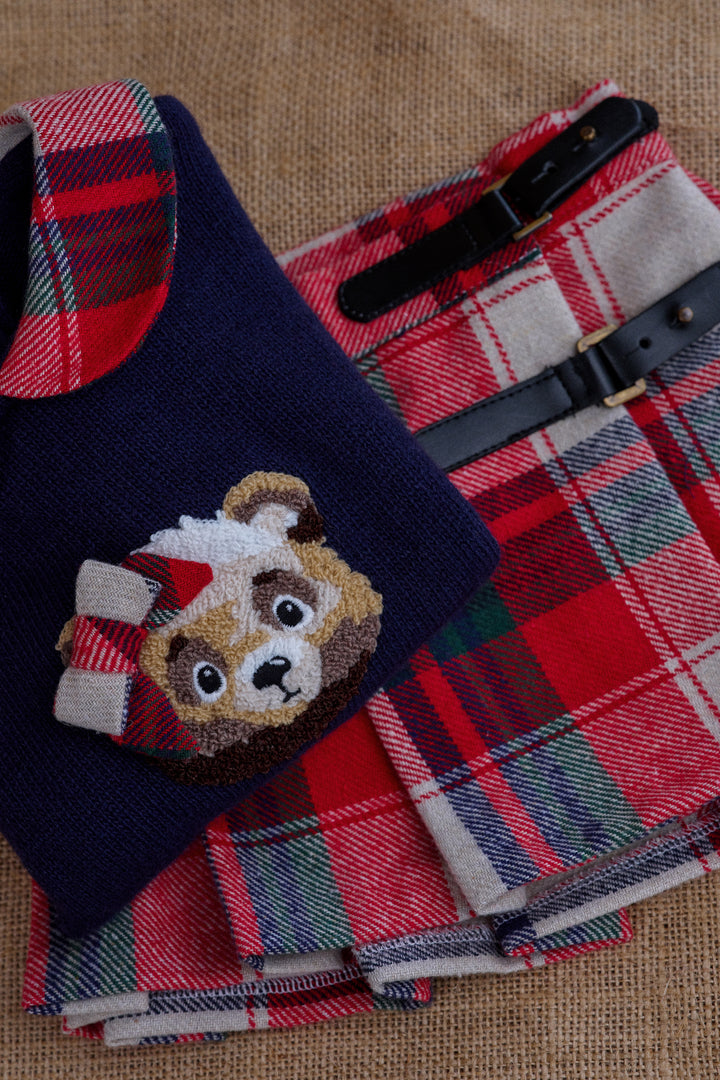 Deolinda PREORDER "Fenella" Navy Knit Bear Jumper & Red Tartan Skirt | Millie and John