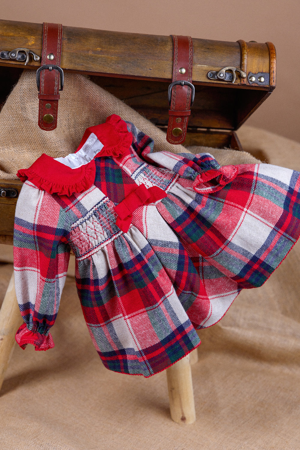 Deolinda PREORDER "Catriona" Red & Stone Tartan Smocked Dress | Millie and John