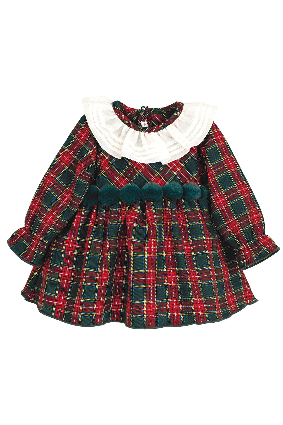 "Beatrix" Red & Bottle Green Tartan Pom Pom Dress