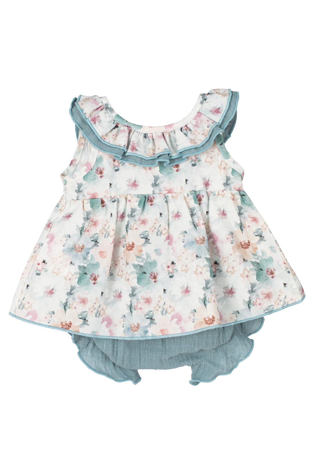 Calamaro Excellentt PREORDER "Nancy" Dusky Blue Floral Dress & Bloomers | Millie and John