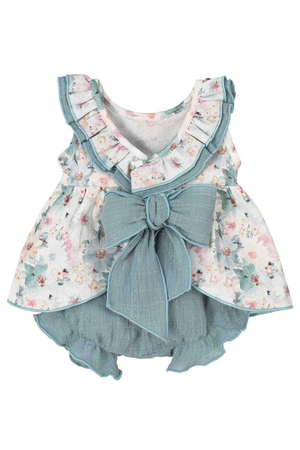 Calamaro Excellentt PREORDER "Nancy" Dusky Blue Floral Dress & Bloomers | Millie and John