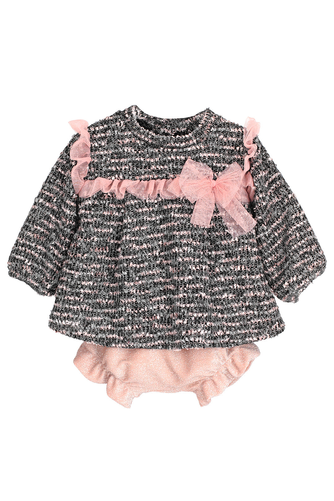 Calamaro "Odette" Charcoal & Dusky Pink Shimmer Tweed Dress & Bloomers | Millie and John