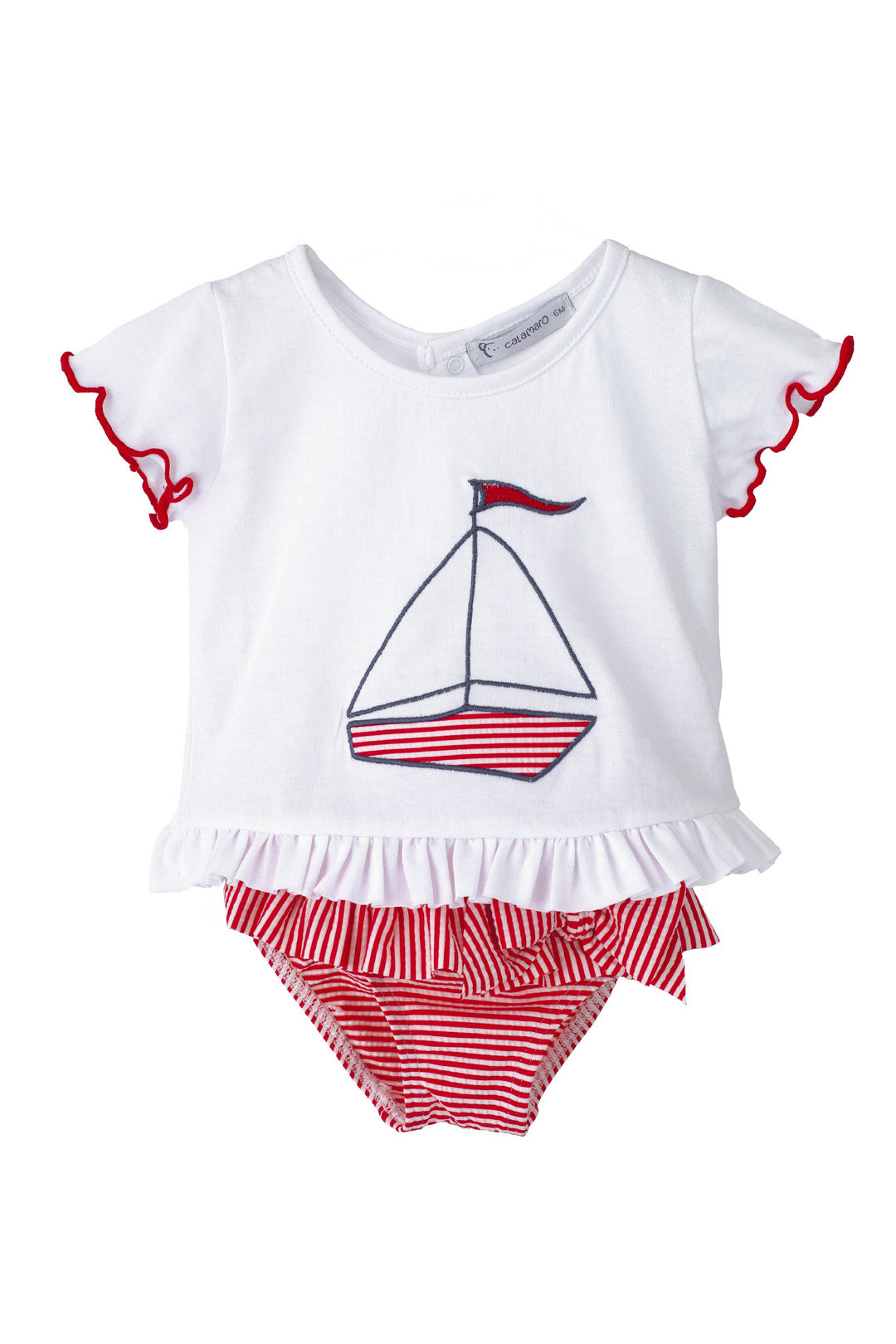 Calamaro "Moxie" Red Striped Sailboat T-Shirt & Bikini Bottoms | Millie and John