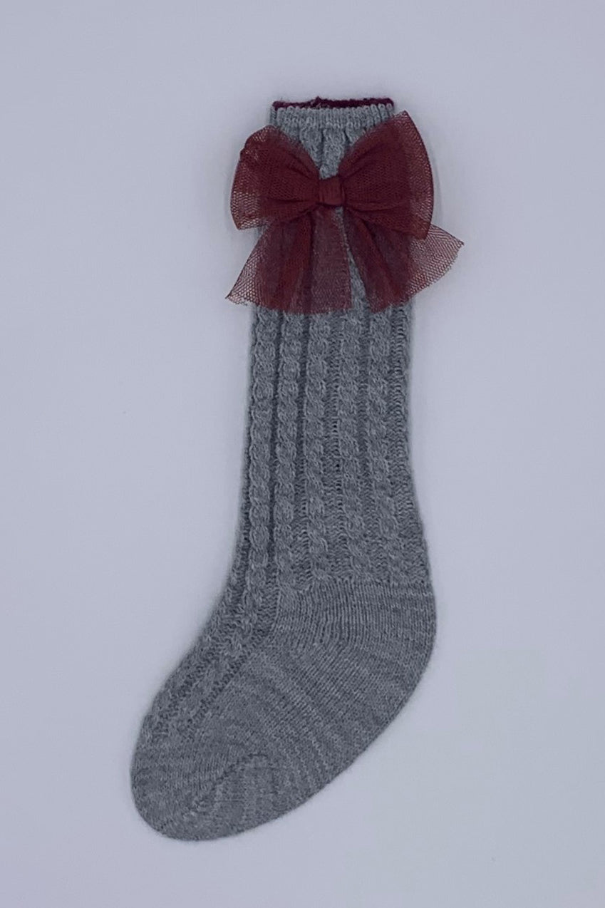 Rahigo PREORDER Grey Knee High Tulle Bow Socks | Millie and John