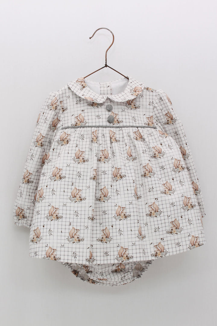 Foque "Maggie" Grey Squirrel Print Dress & Bloomers | Millie and John
