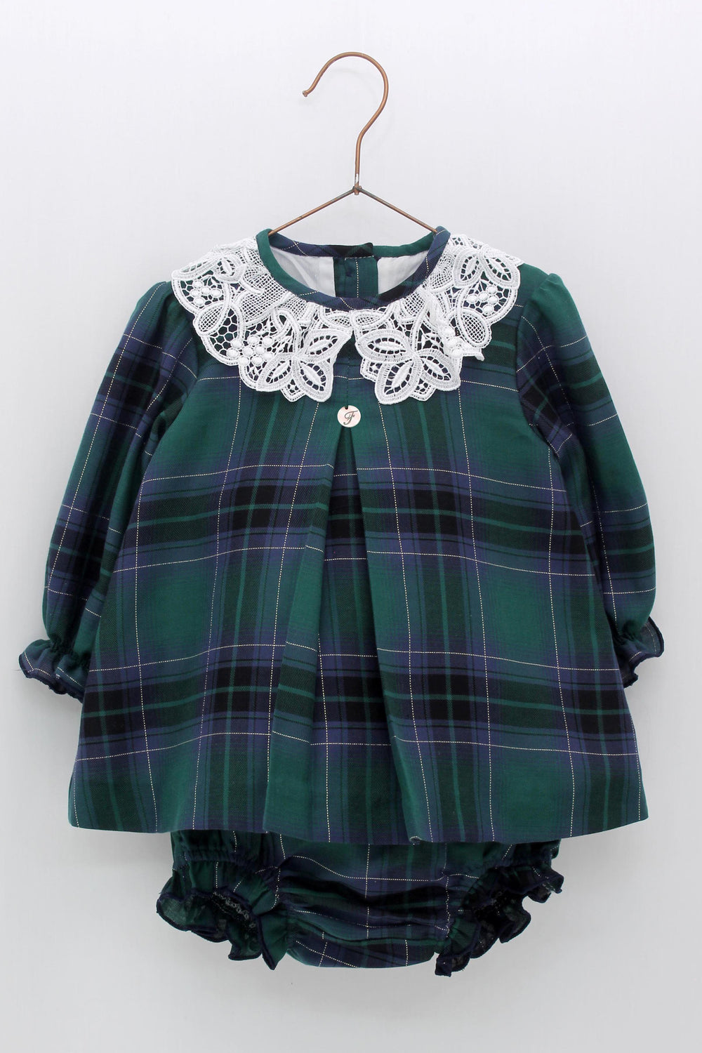 Foque "Elizabeth" Bottle Green Tartan Dress & Bloomers | Millie and John