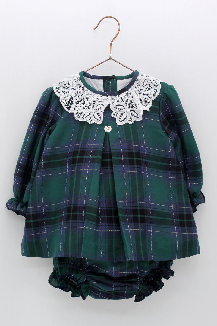 Foque "Elizabeth" Bottle Green Tartan Dress & Bloomers | Millie and John