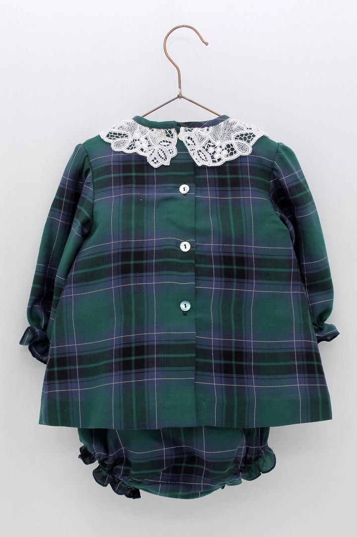 Foque "Elizabeth" Bottle Green Tartan Dress & Bloomers | Millie and John