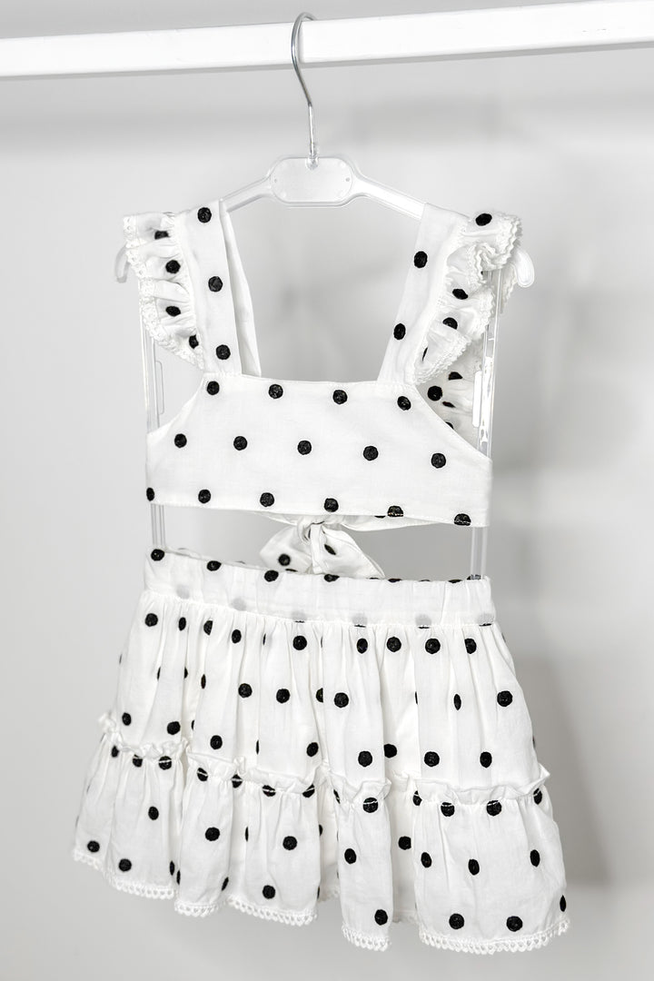 Phi "Porter" White & Black Polka Dot Crop Top & Skirt | Millie and John