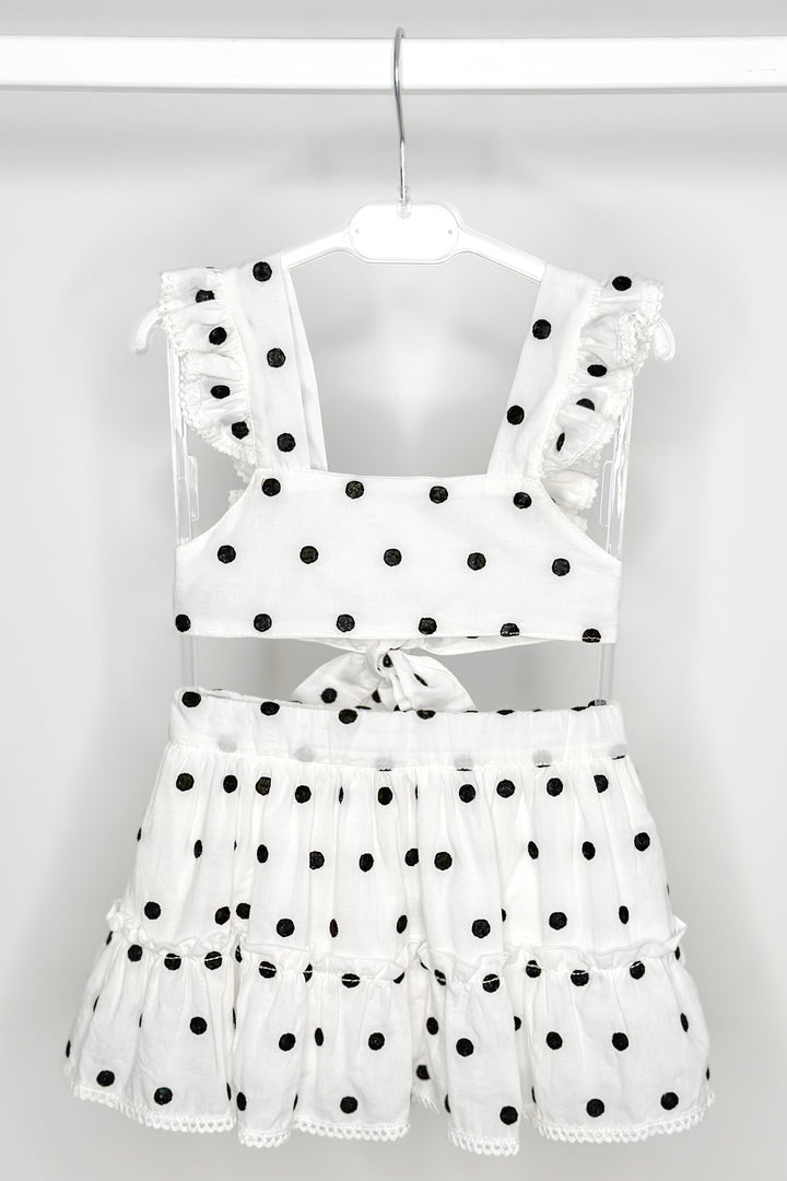 Phi "Porter" White & Black Polka Dot Crop Top & Skirt | Millie and John