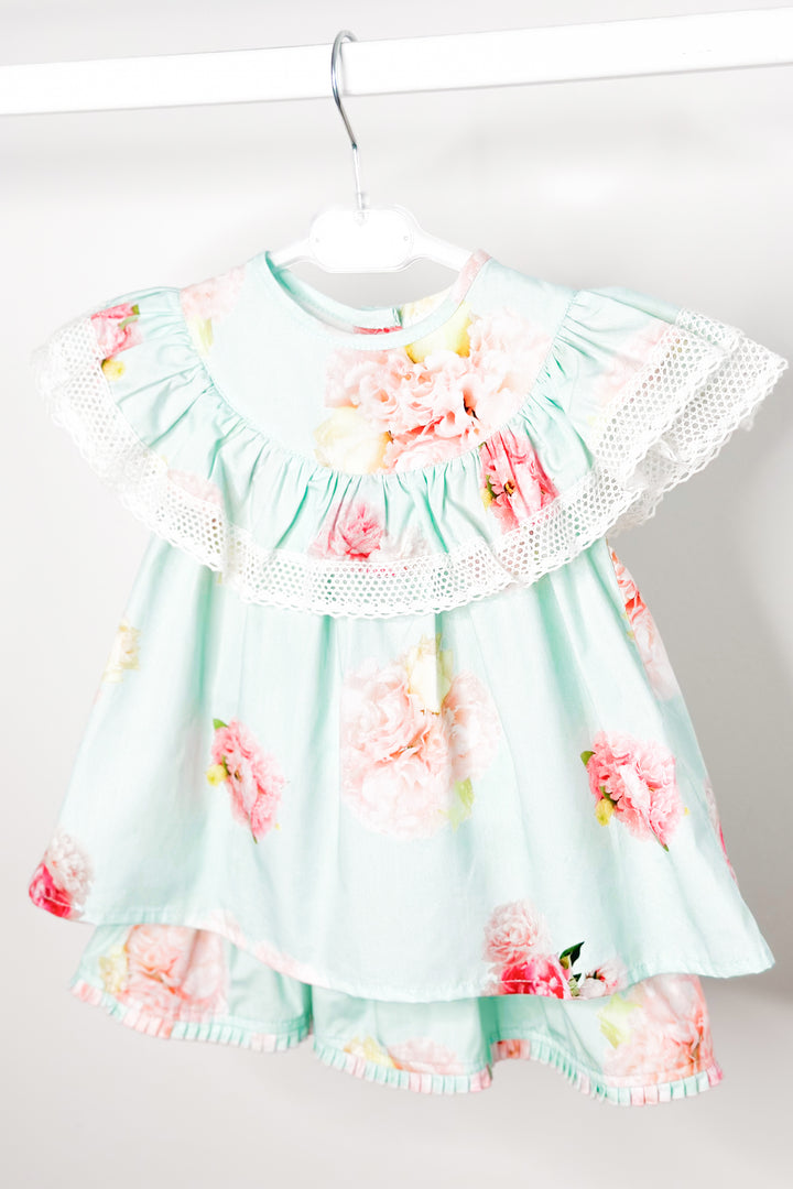 Phi "Kehlani" Aquamarine Pink Peony Blouse & Skirt | Millie and John