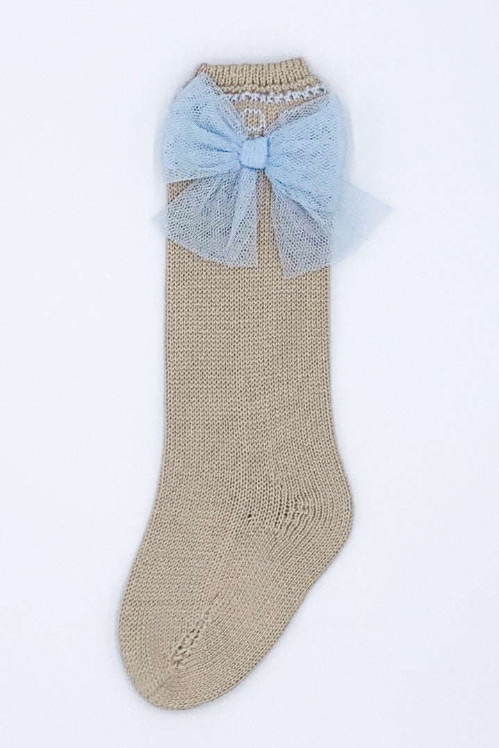 Rahigo PREORDER Camel & Baby Blue Knee High Tulle Bow Socks | Millie and John