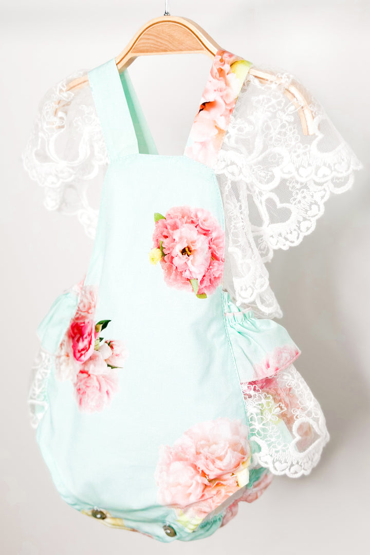 Phi "Peaches" Aquamarine Pink Peony Lace Dungaree Romper | Millie and John