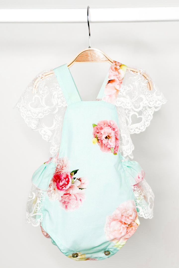 Phi "Peaches" Aquamarine Pink Peony Lace Dungaree Romper | Millie and John