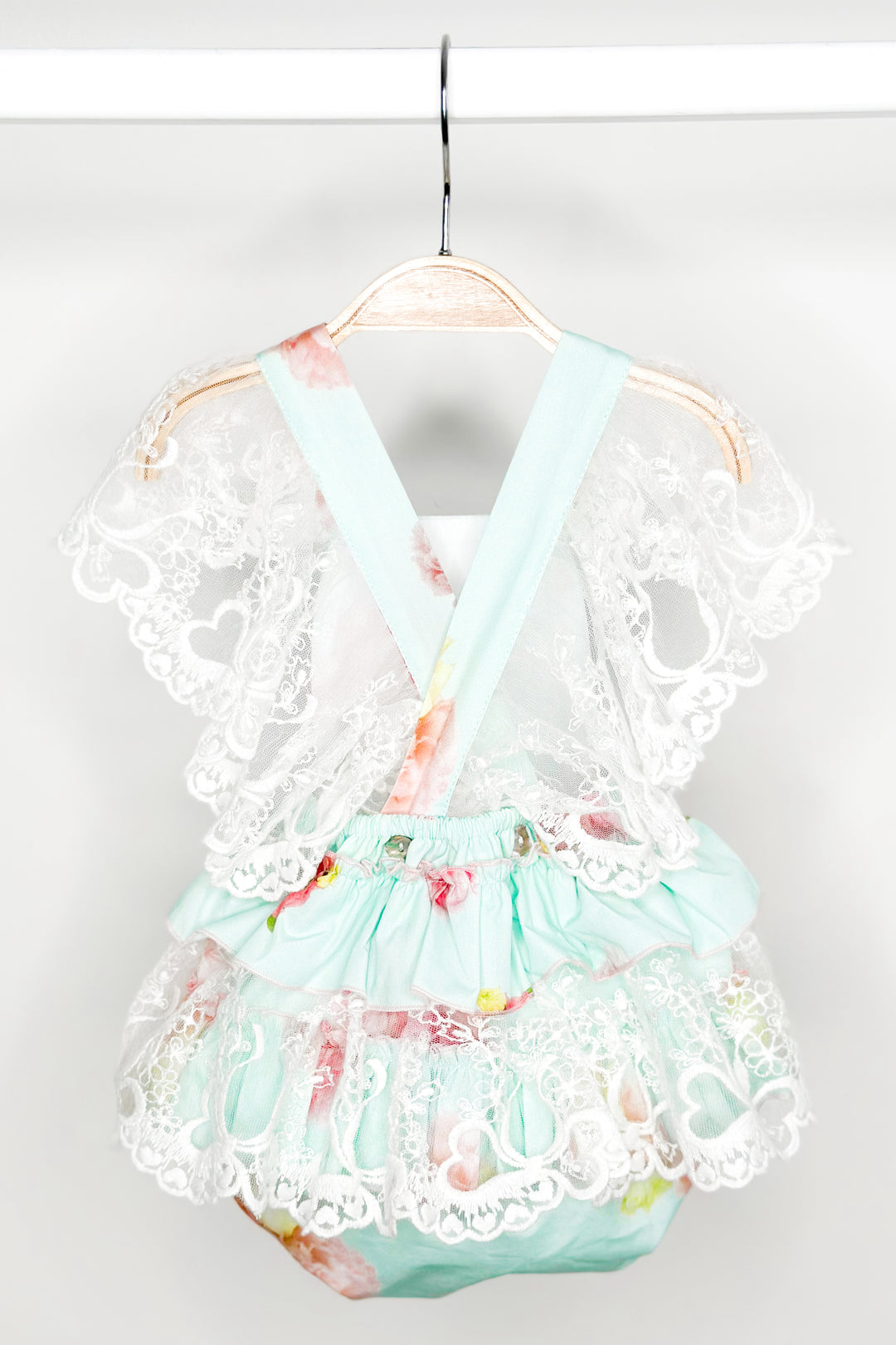 Phi "Peaches" Aquamarine Pink Peony Lace Dungaree Romper | Millie and John