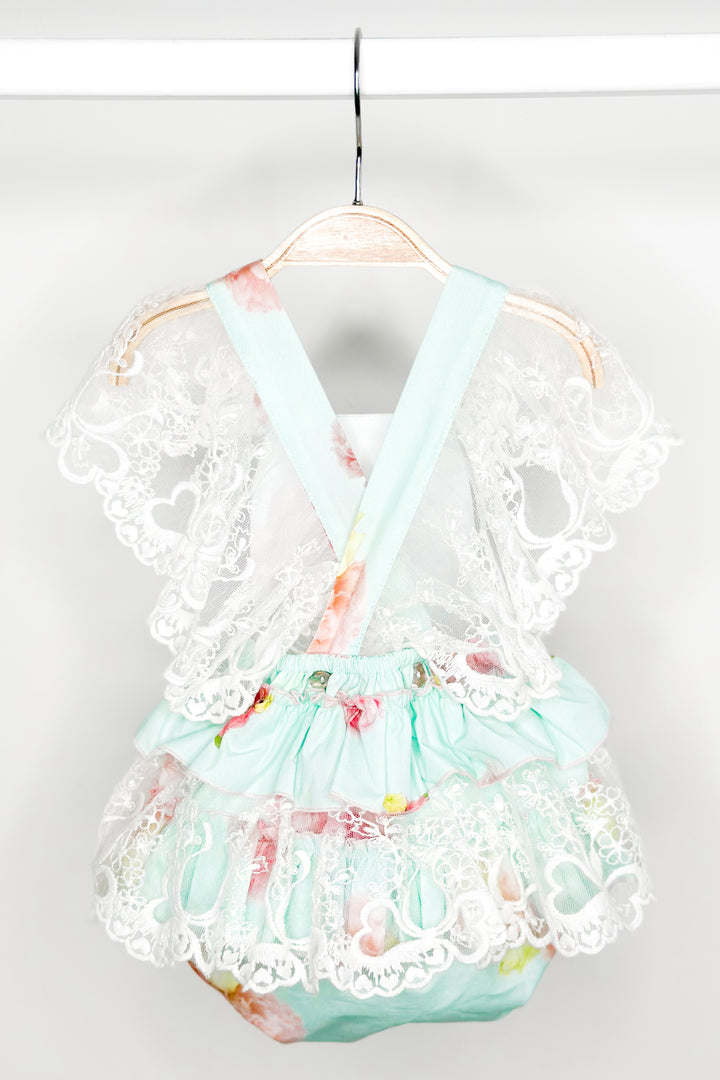 Phi "Peaches" Aquamarine Pink Peony Lace Dungaree Romper | Millie and John