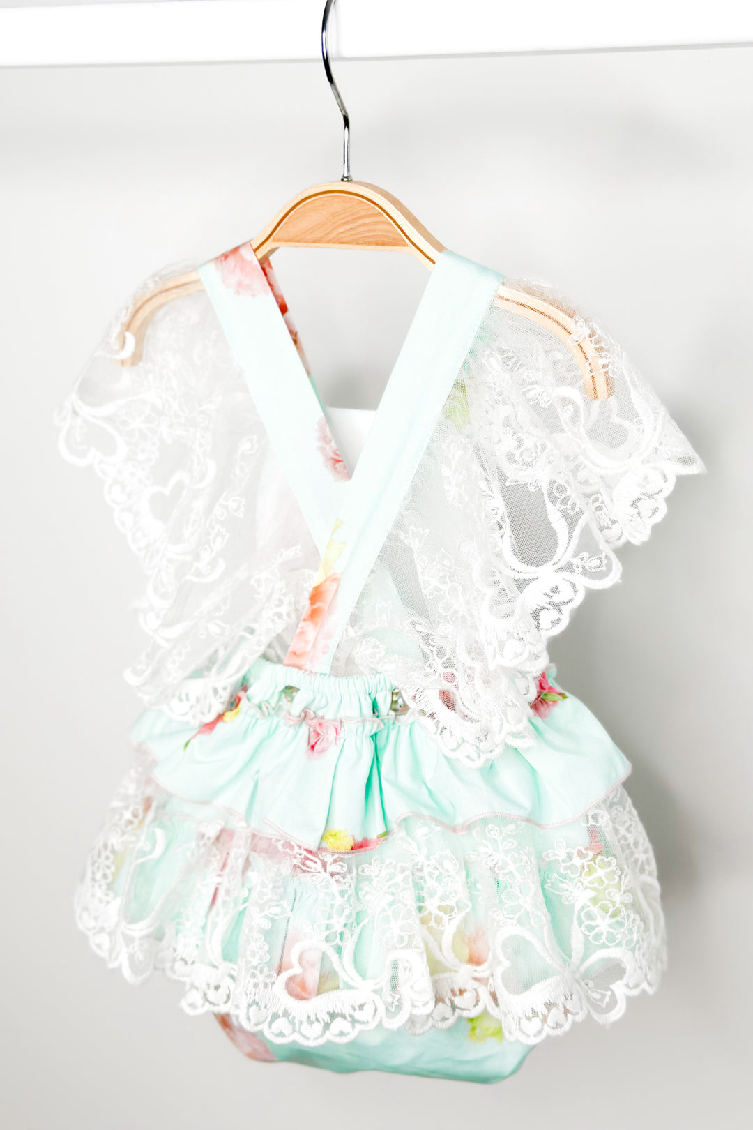 Phi "Peaches" Aquamarine Pink Peony Lace Dungaree Romper | Millie and John