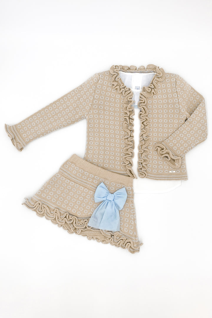 Rahigo PREORDER "Zara" Camel & Baby Blue Knit Cardigan, Blouse & Skirt | Millie and John