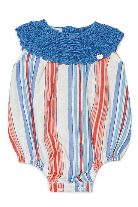 Juliana "Hayden" Dusky Blue & Red Half Knit Striped Romper | Millie and John