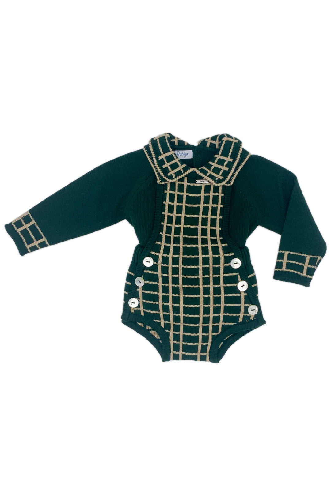 Rahigo "Vinnie" Bottle Green & Camel Check Knit Dungaree Romper Set | Millie and John