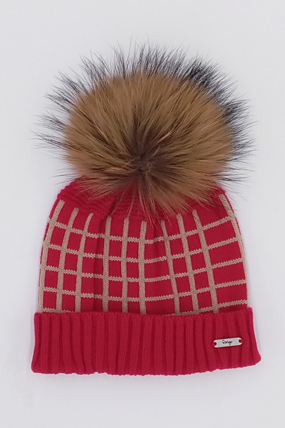 Rahigo Red & Camel Check Knit Faux Fur Pom Pom Hat | Millie and John
