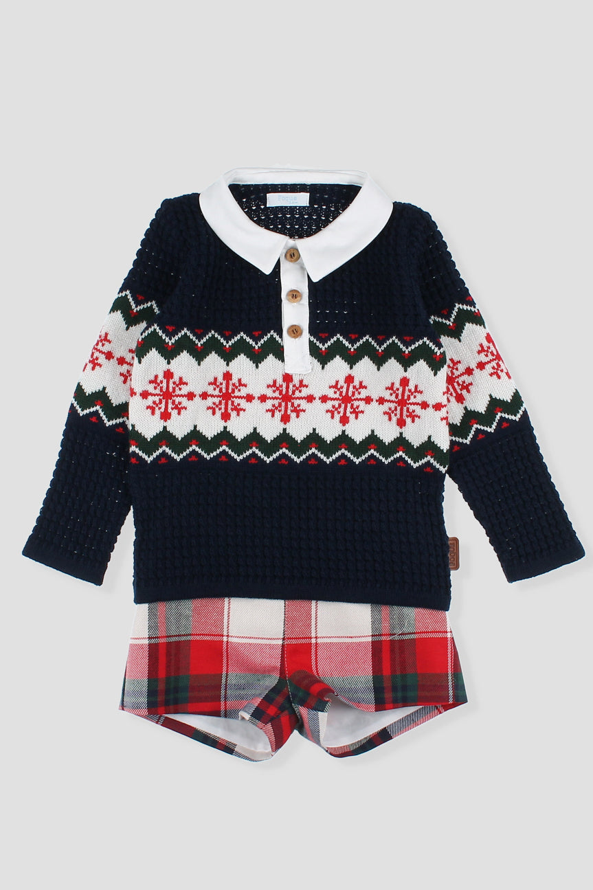 Foque "Arlo" Navy Fair Isle Polo Top & Red Tartan Shorts | Millie and John