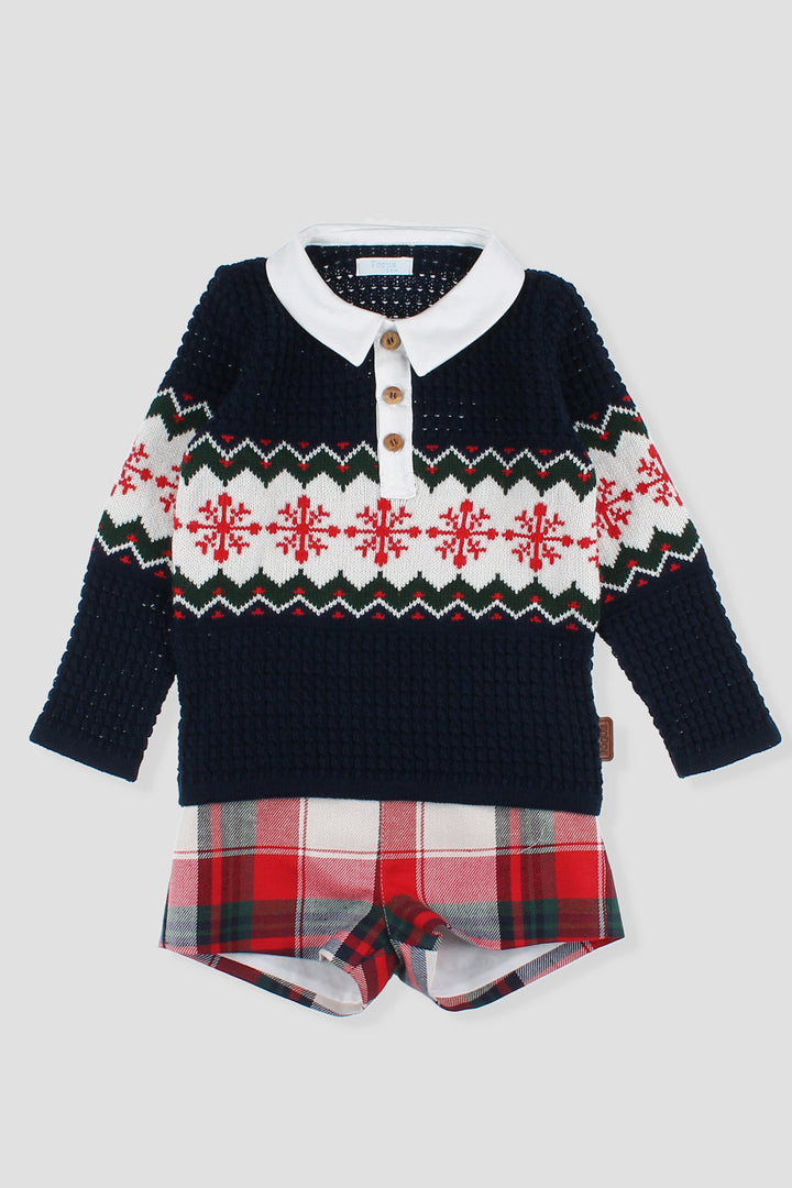 Foque "Arlo" Navy Fair Isle Polo Top & Red Tartan Shorts | Millie and John