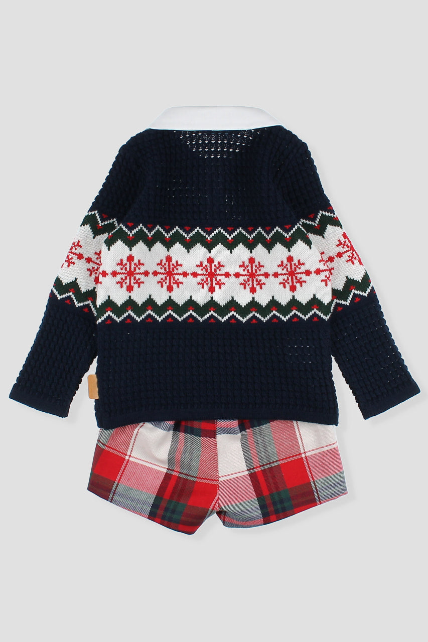 Foque "Arlo" Navy Fair Isle Polo Top & Red Tartan Shorts | Millie and John
