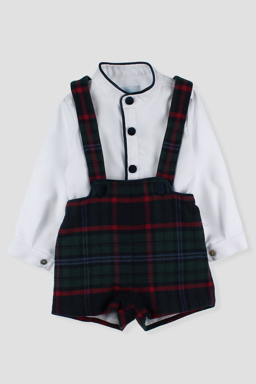 Foque "Atticus" Shirt & Bottle Green Tartan Shorts with Braces | Millie and John