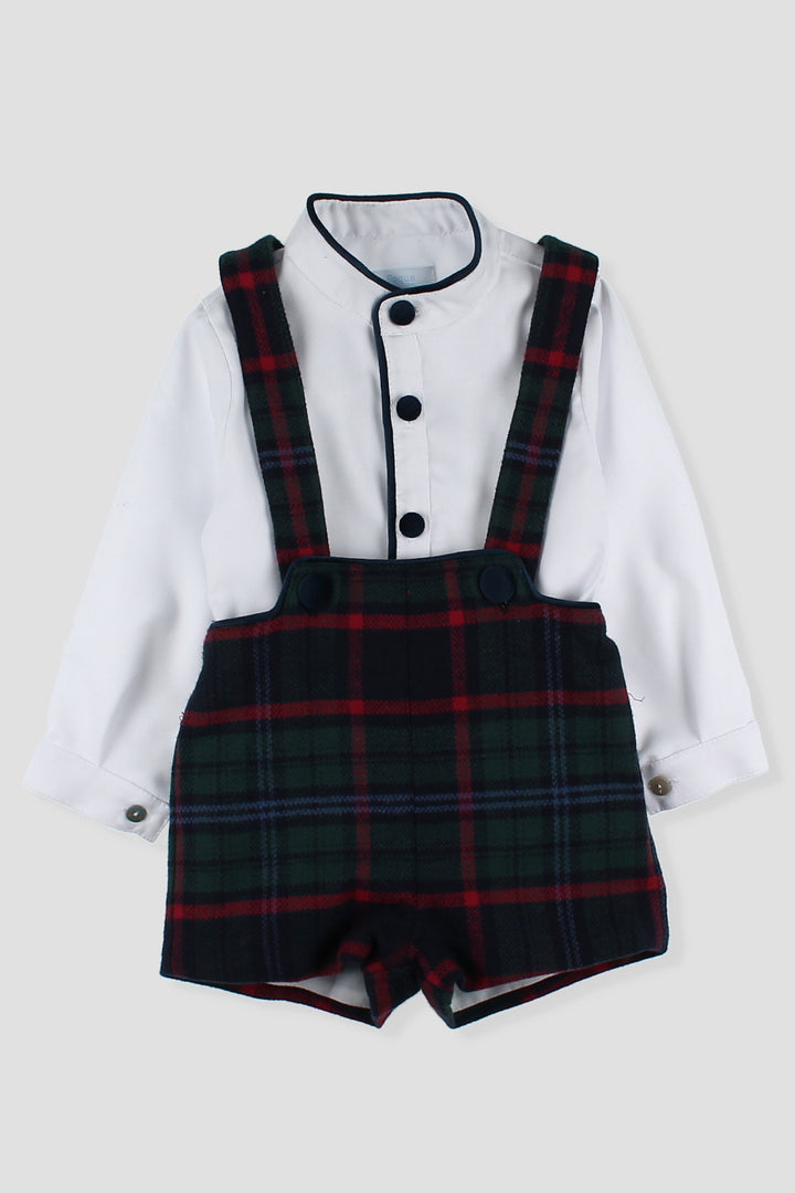 Foque "Atticus" Shirt & Bottle Green Tartan Shorts with Braces | Millie and John