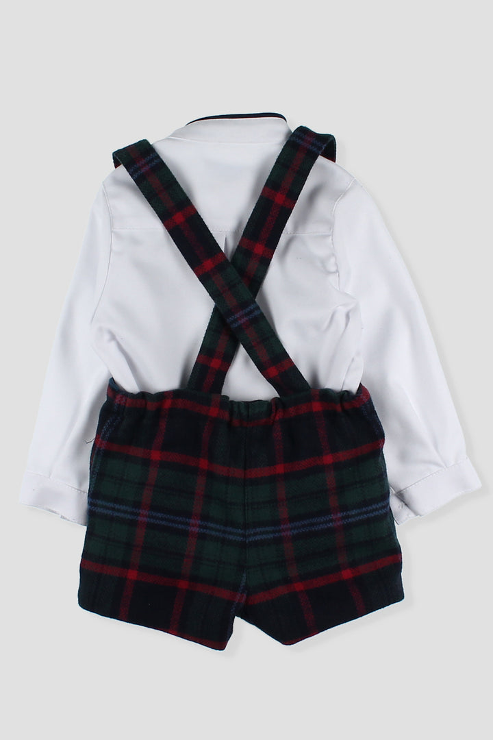Foque "Atticus" Shirt & Bottle Green Tartan Shorts with Braces | Millie and John
