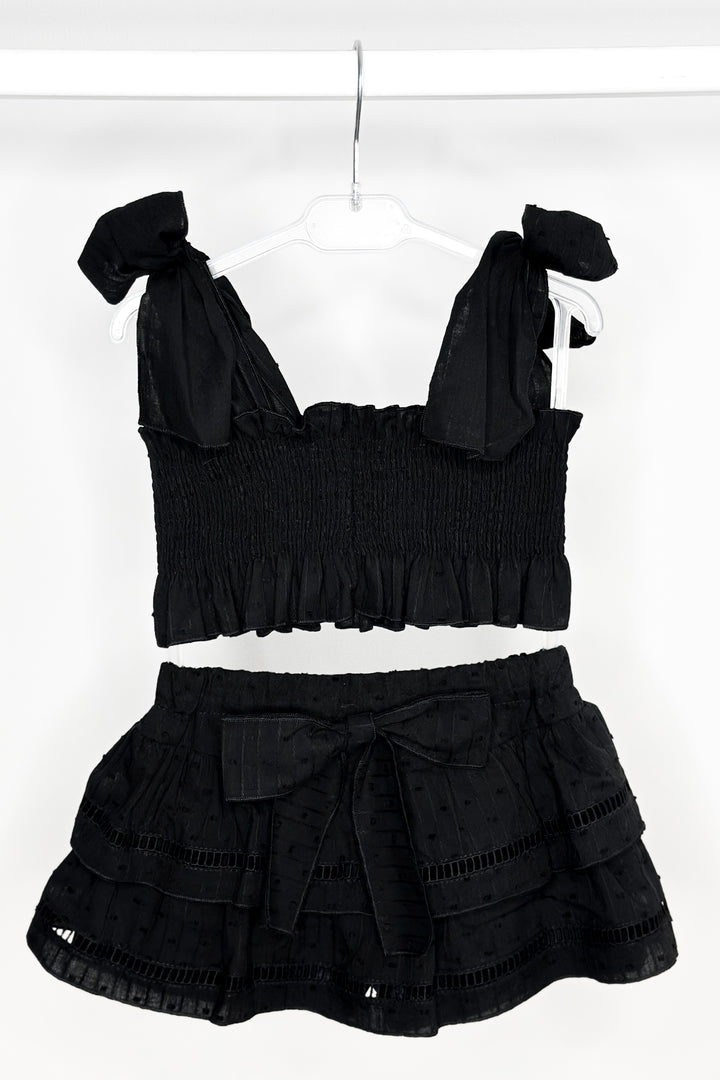Phi "Sabrina" Black Plumeti Dot Crop Top & Skort | Millie and John