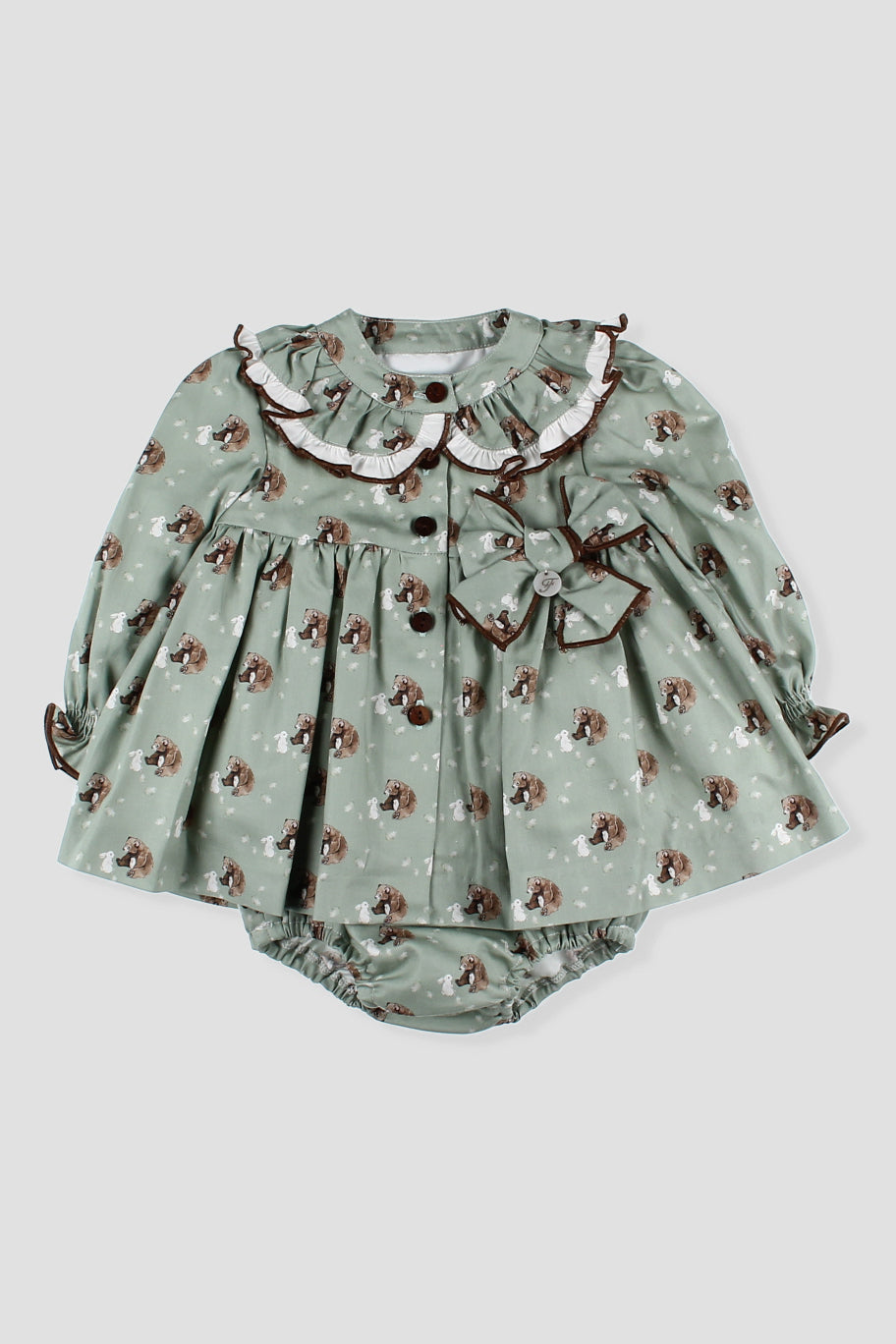 Foque "Mimi" Sage Green Bear Dress & Bloomers | Millie and John