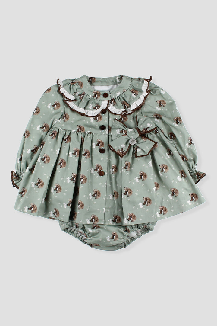 Foque "Mimi" Sage Green Bear Dress & Bloomers | Millie and John