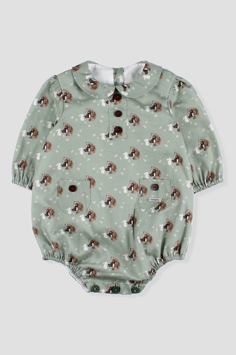 Foque "Alfred" Sage Green Bear Romper | Millie and John