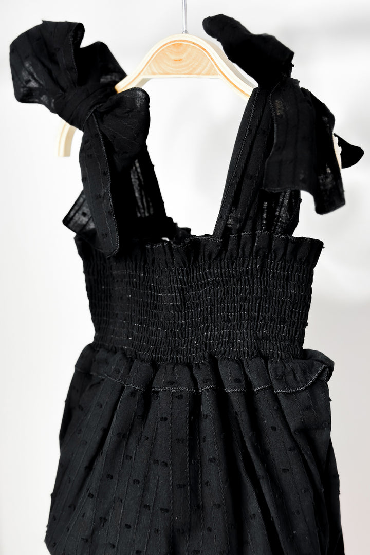 Phi "Aaliyah" Black Plumeti Dot Romper | Millie and John