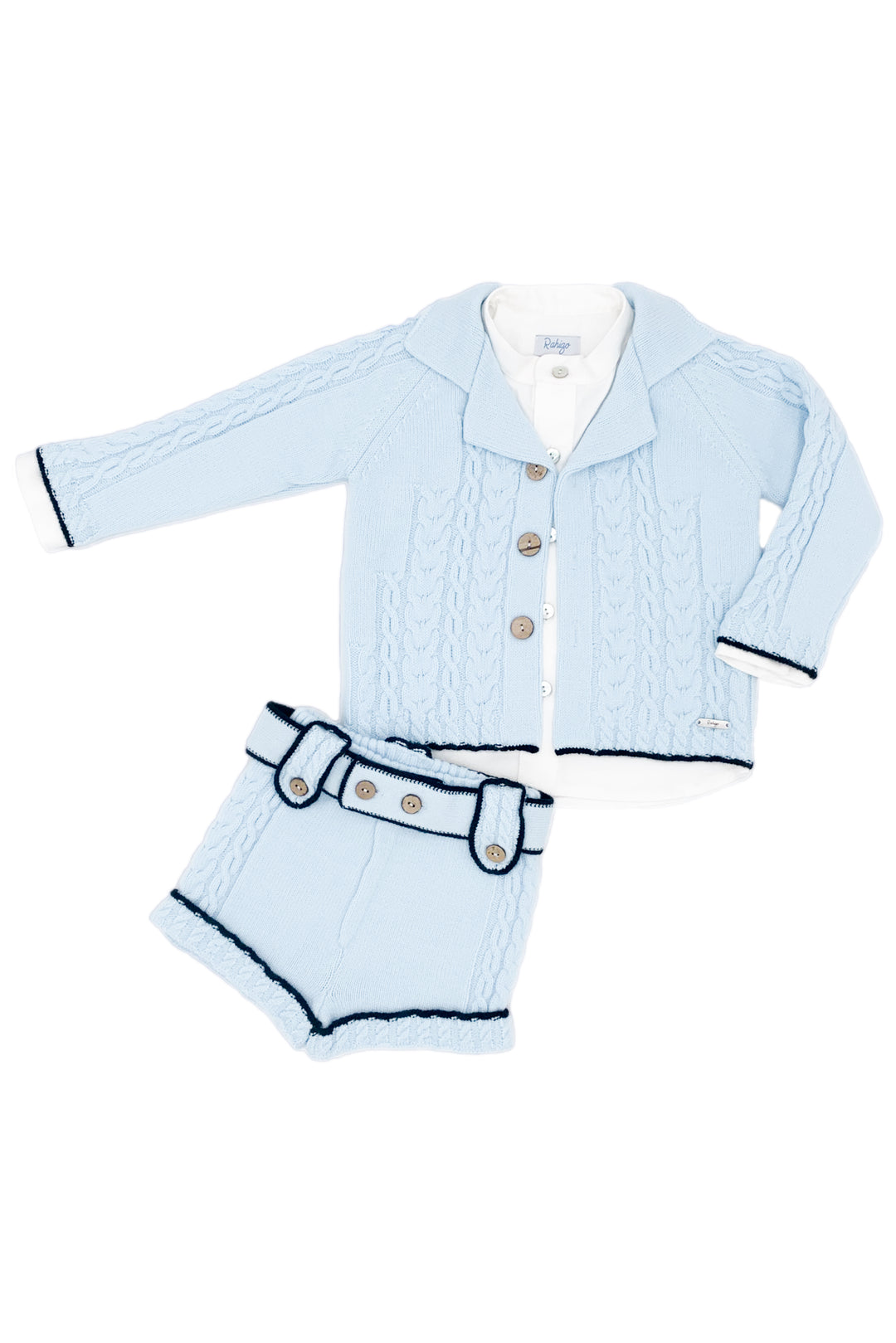 Rahigo "Alfie" Baby Blue & Navy Knit Cardigan, Shirt & Shorts | Millie and John
