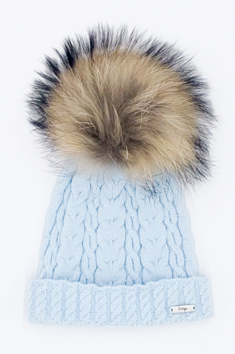 Rahigo Baby Blue Cable Knit Faux Fur Pom Pom Hat | Millie and John