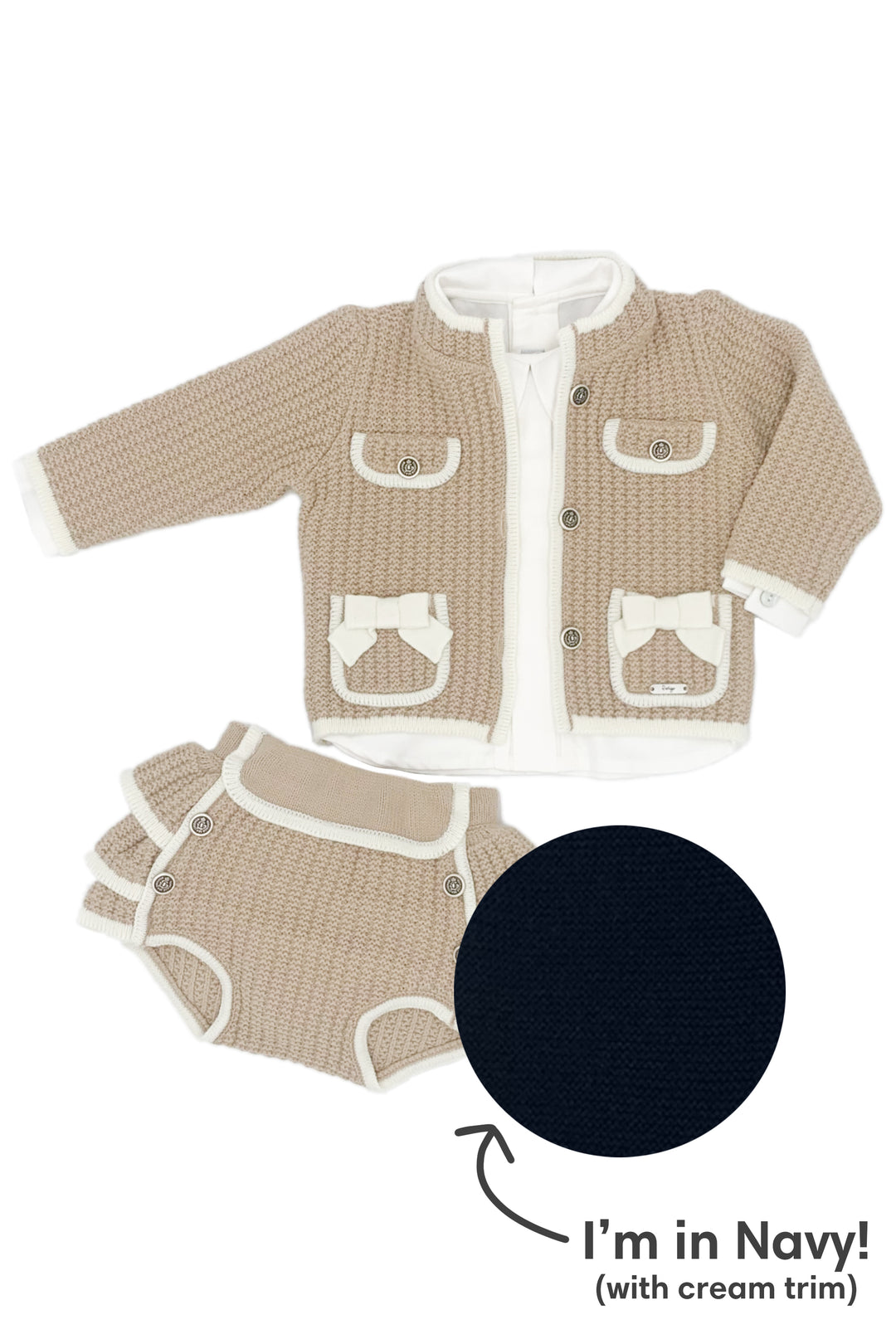 "Mabel" Navy & Cream Knit Cardigan, Blouse & Bloomers