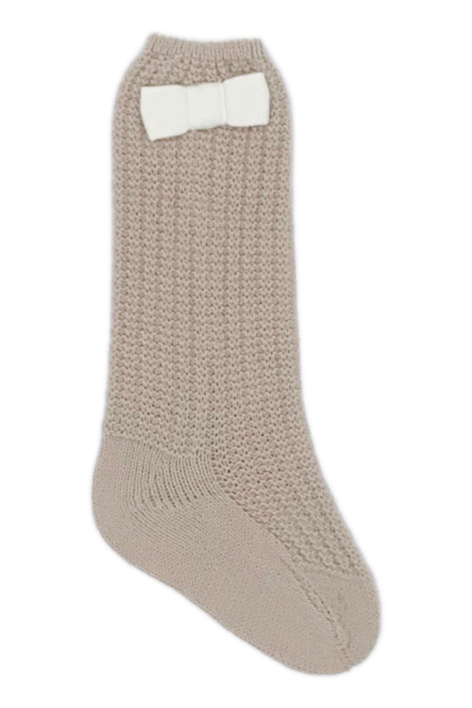 Rahigo Camel & Cream Knit Knee High Bow Socks | Millie and John