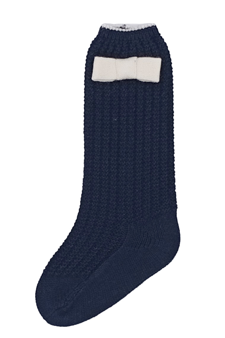 Navy & Cream Knit Knee High Bow Socks