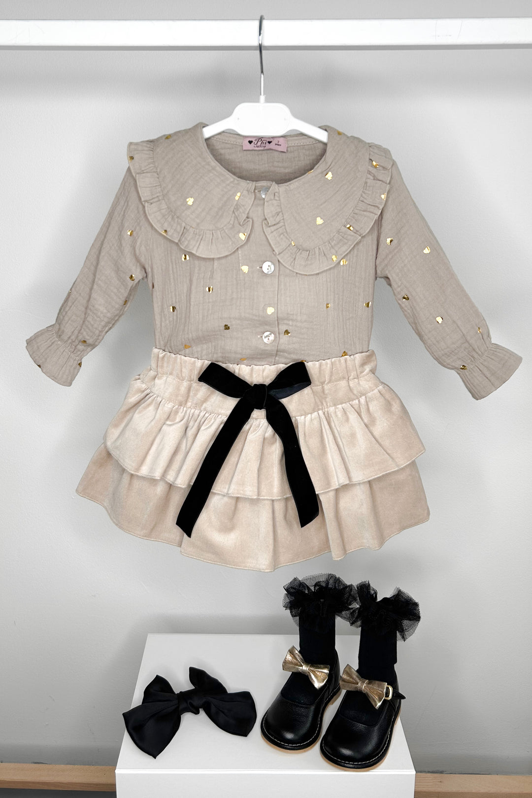 Phi "Daniella" Stone Heart Blouse & Velvet Skort | Millie and John