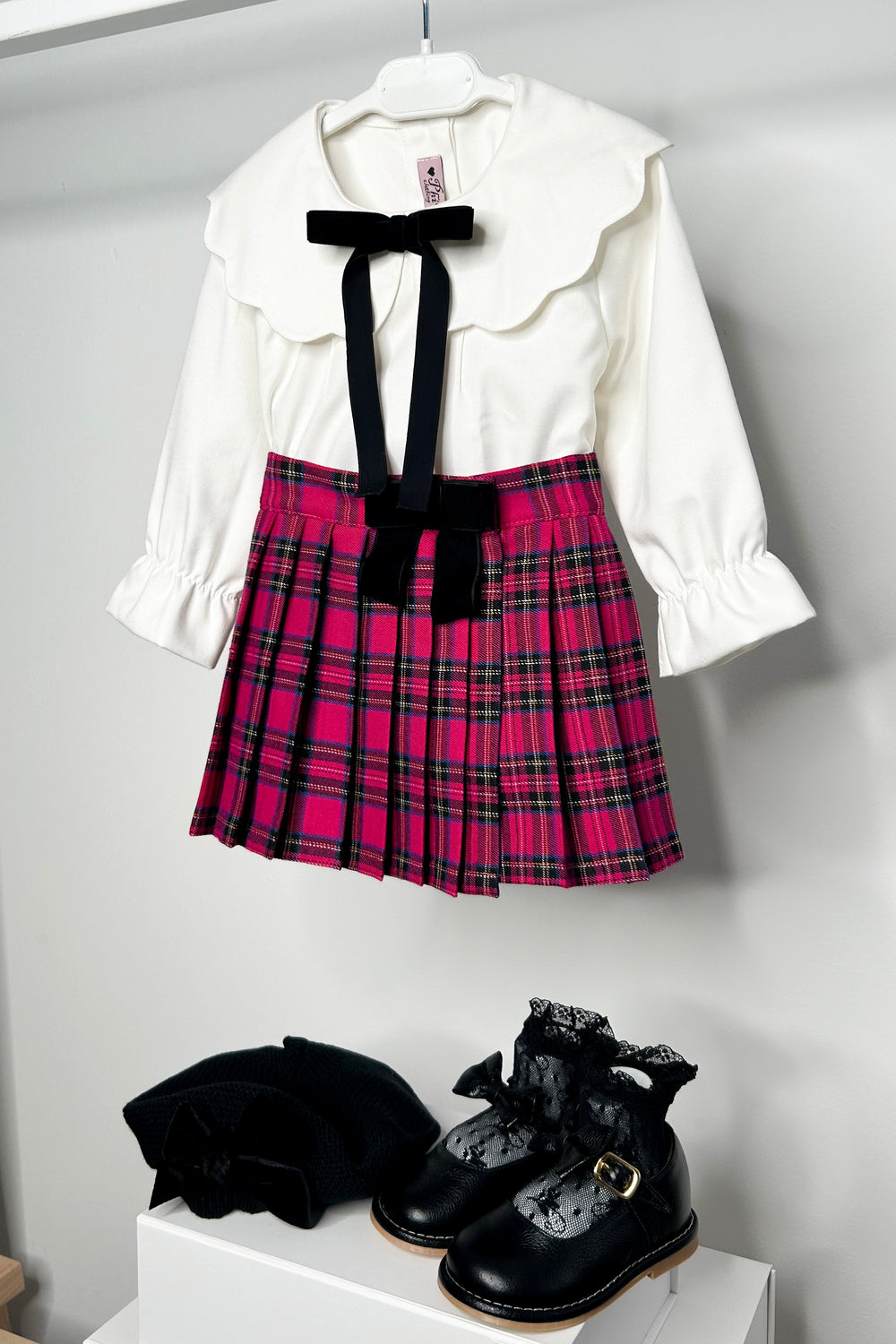 Phi "Roxie" Blouse & Hot Pink Tartan Pleated Skirt | Millie and John