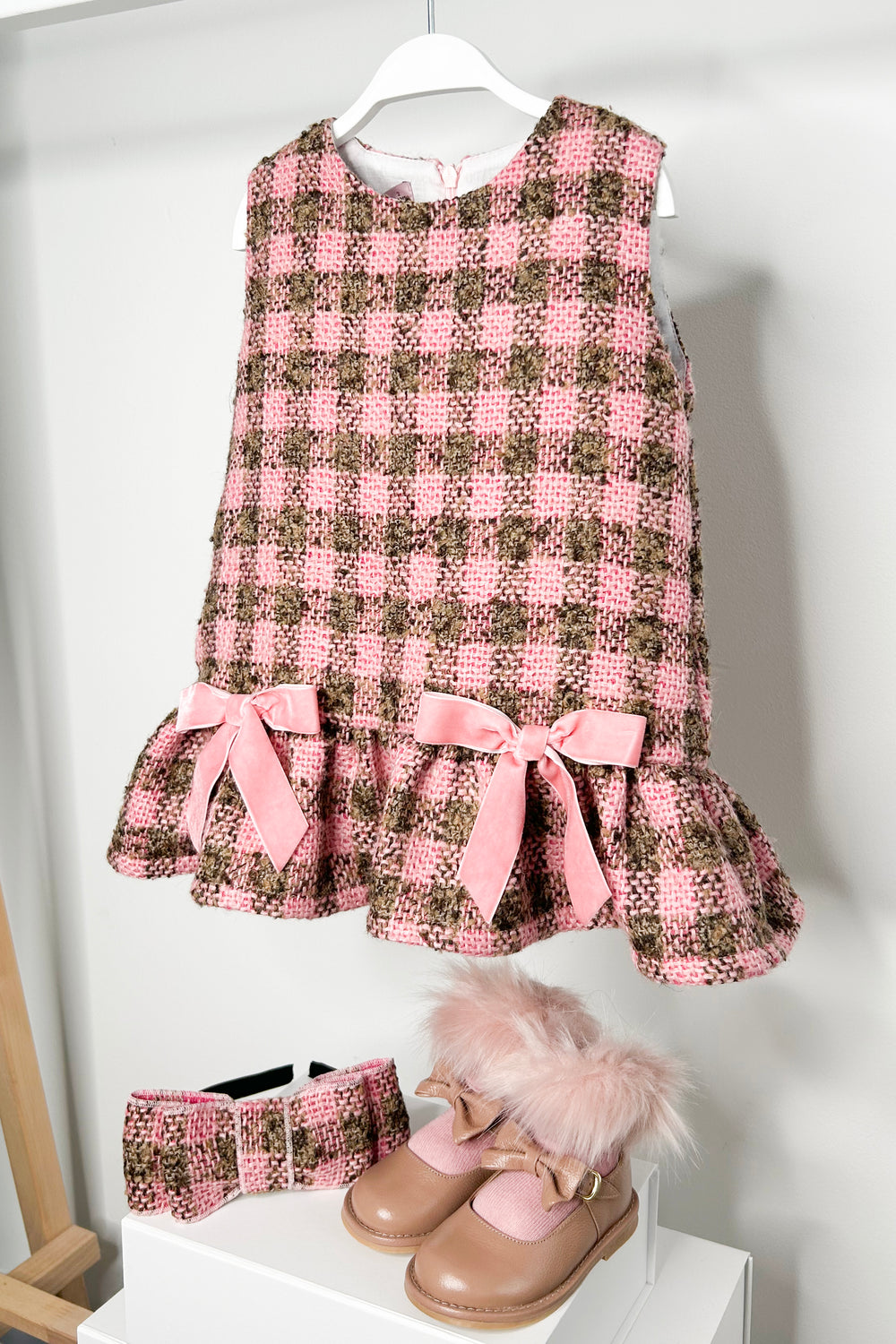 Phi "Christabel" Pink & Beige Tweed Drop Waist Dress | Millie and John