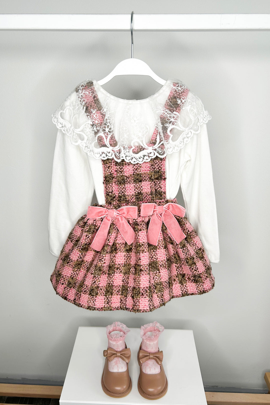 Phi "Zaria" Pink & Beige Tweed Pinafore Dress | Millie and John
