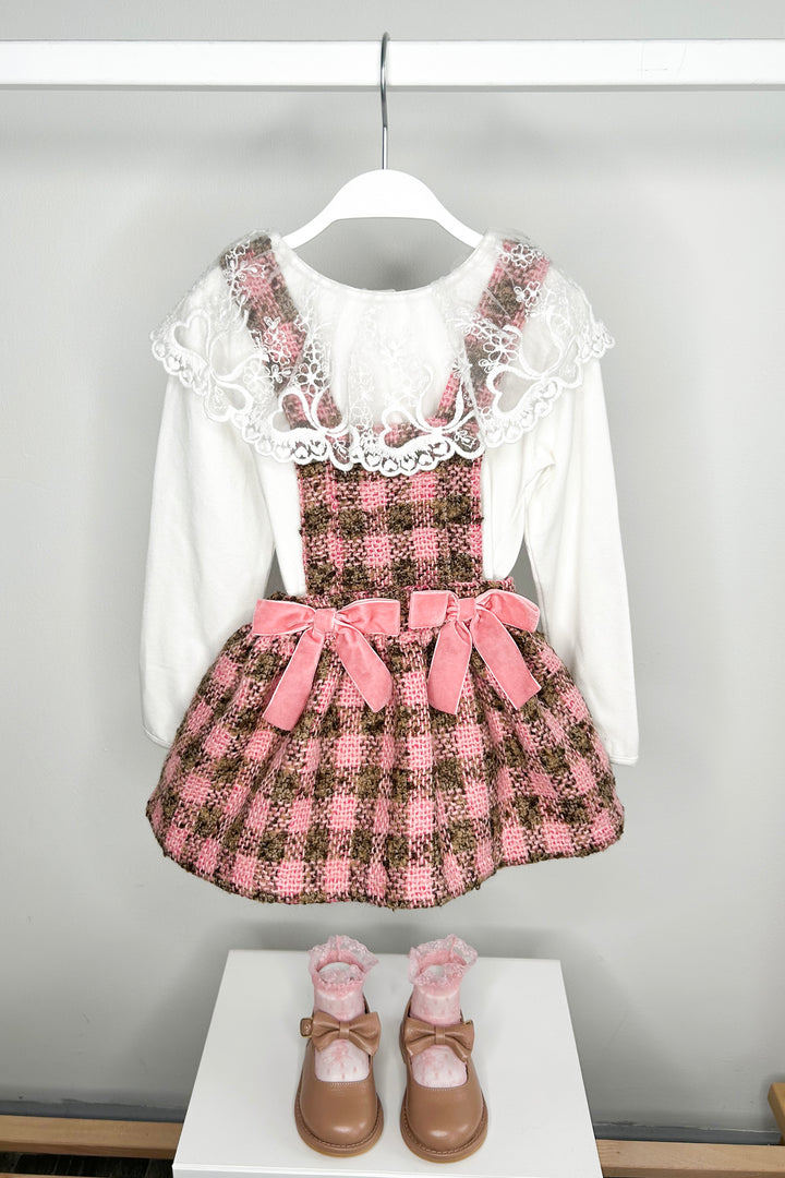 Phi "Zaria" Pink & Beige Tweed Pinafore Dress | Millie and John